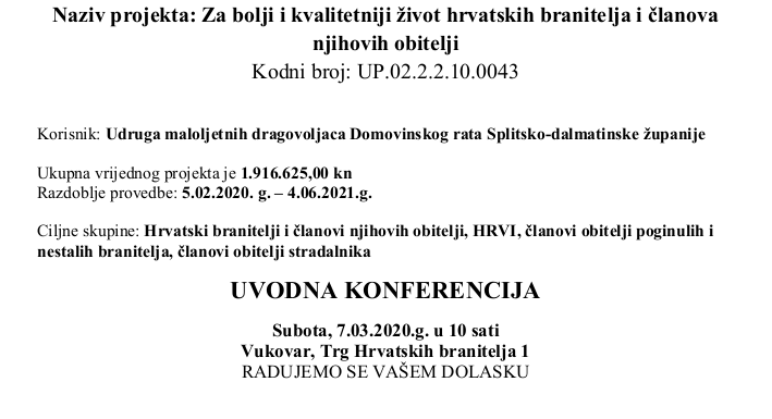 Najava uvodne konferencije o projektu - Vukovar, 7. ožujka 2020.g.